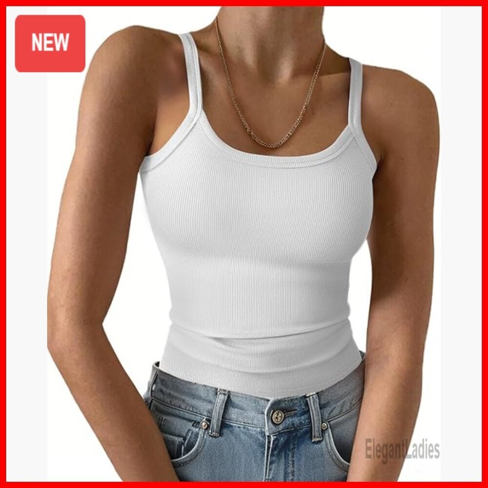 Ribbed Spaghetti Strap Scoop Neck Tank Top Slim Fit Women's Cami